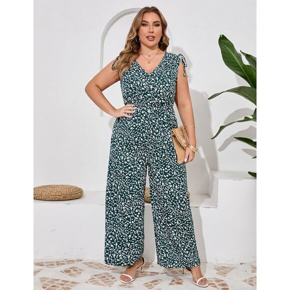Dark Green Floral Wide Leg Jumpsuit Romper Size 5XL - Picture 2 of 5